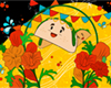Illustration of two smiling taco cartoon characters with flowers and celebration banners in the background