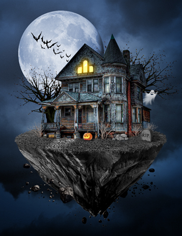 Illustration of a floating haunted house and full moon with a ghost, headstone, jack o'lantern and bats