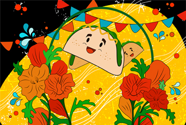 Illustration of two smiling taco cartoon characters with flowers and celebration banners in the background