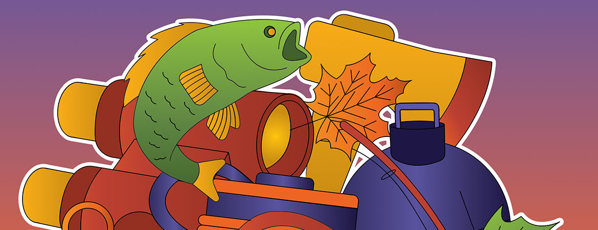 An illustration of Fall related items, such as leafs and fishing.