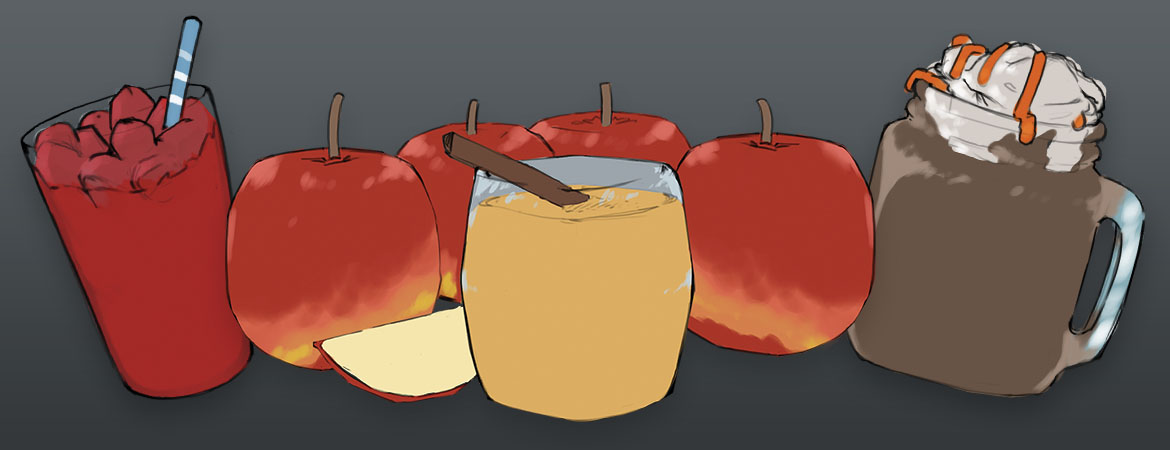 An illustration of a variety of Fall beverages.