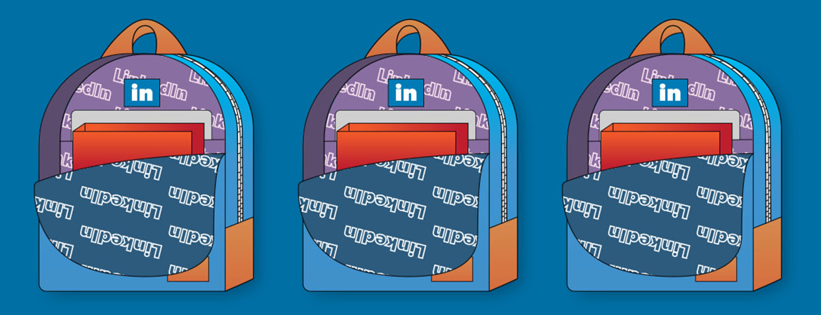 An illustration of backpacks with Linkedin branding on them.