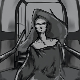 A black and white illustration of a ghostly looking individual.
