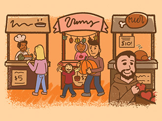 An illustration of people at a festival. Some are carrying fall related foods, such as a pumpkin, pie and apples.