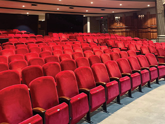 Red seats in an empty theatre.