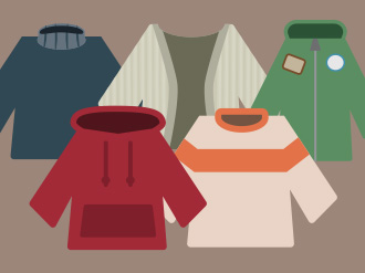 An illustration of three styles of sweaters.