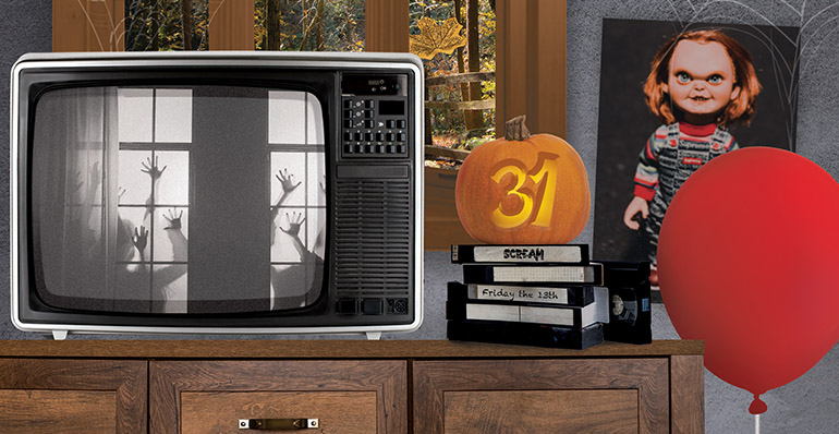 A red balloon, a Chucky doll, an old tube TV with hands pressed against a window showing and an illustration of a stack of VHS tapes with a pumpkin on top with the number thirty-one carved into it.