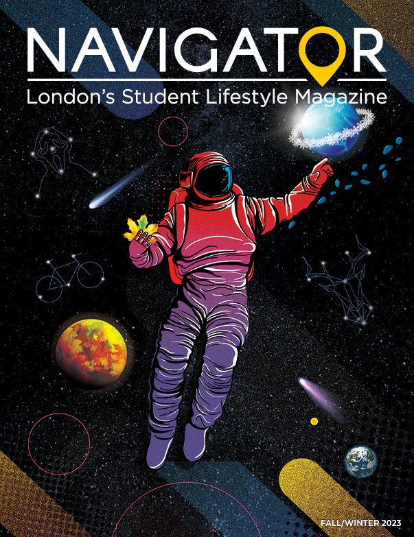 Fall 2023/Winter 2024 cover of the Navigator containing an illustration of an astronaut in space with text Navigator London's Student Lifestyle Magazine