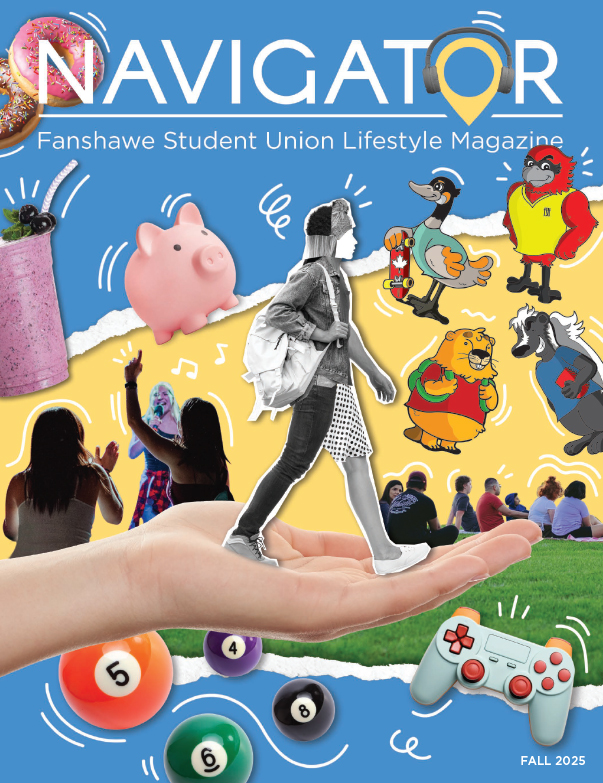 Fall 2025 cover of the Navigator containing an illustration of the silhouette of a head with a lightbulb and people walking through a maze inside of it. Text states: Navigator London's Student Lifestyle Magazine