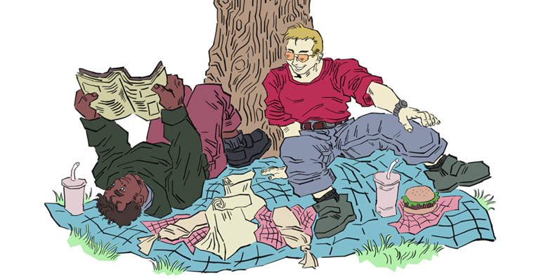 Illustration of two people having a picnic under a tree.