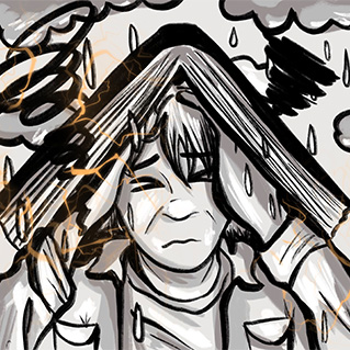 Black and white artwork of a student covering their head from falling rain