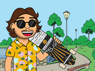 Artwork of a person with sunglasses, holding a longboard in a public park