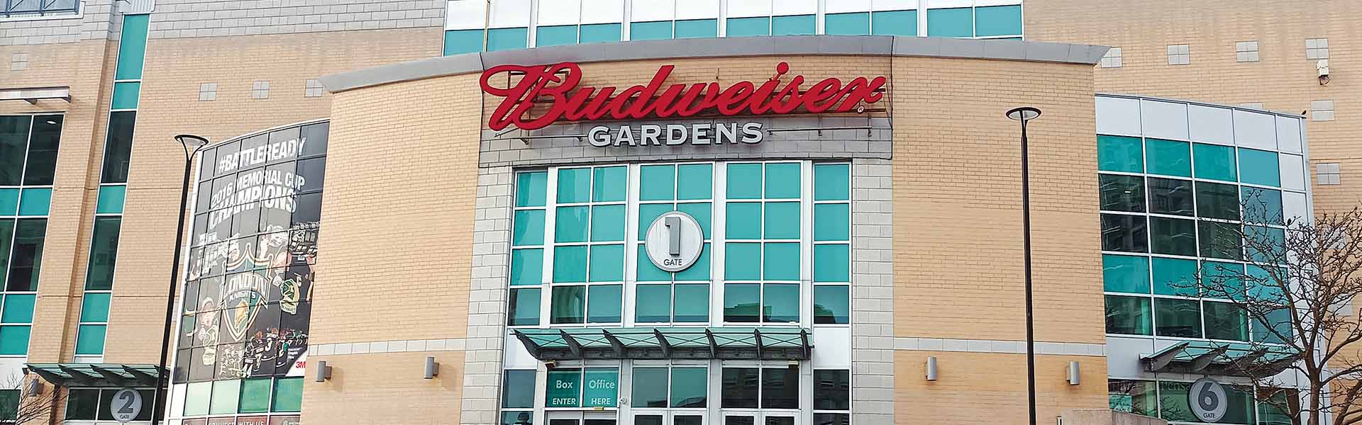 An exterior photo of Budweiser Gardens.