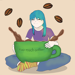 Artwork of someone holding a large mug with the words, too much coffee? written on it.