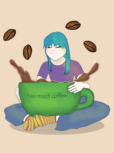 Artwork of someone holding a large mug with the words, too much coffee? written on it.