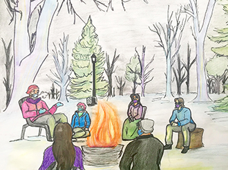 Illustration of people sitting around a fire telling stories