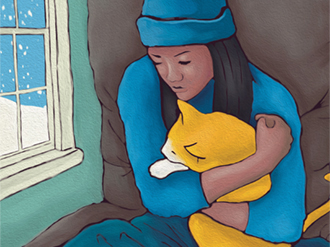 Illustration of a sad woman hugging a cat sitting by a window