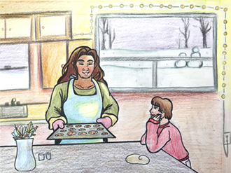 Illustration of a woman and a child baking cookies