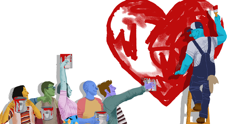 Illustration of a man painting a heart and others offering help