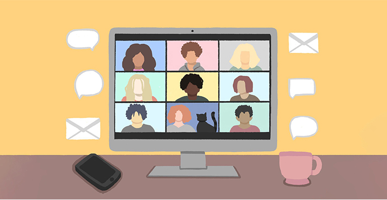 Illustrated group video call on a computer screen